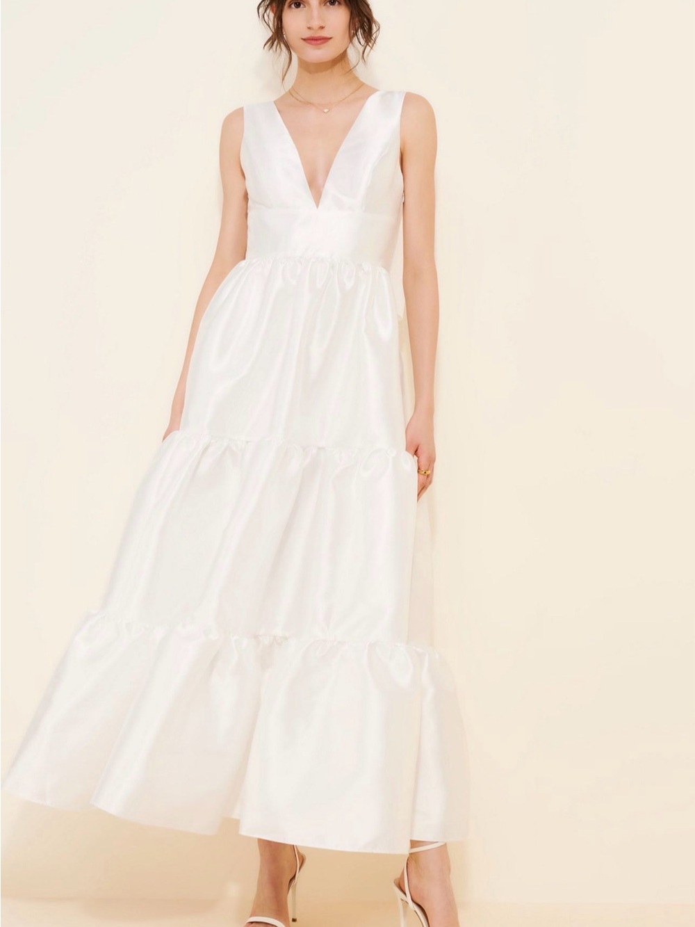 Hutch White Satin V-Neck Tiered Maxi Dress